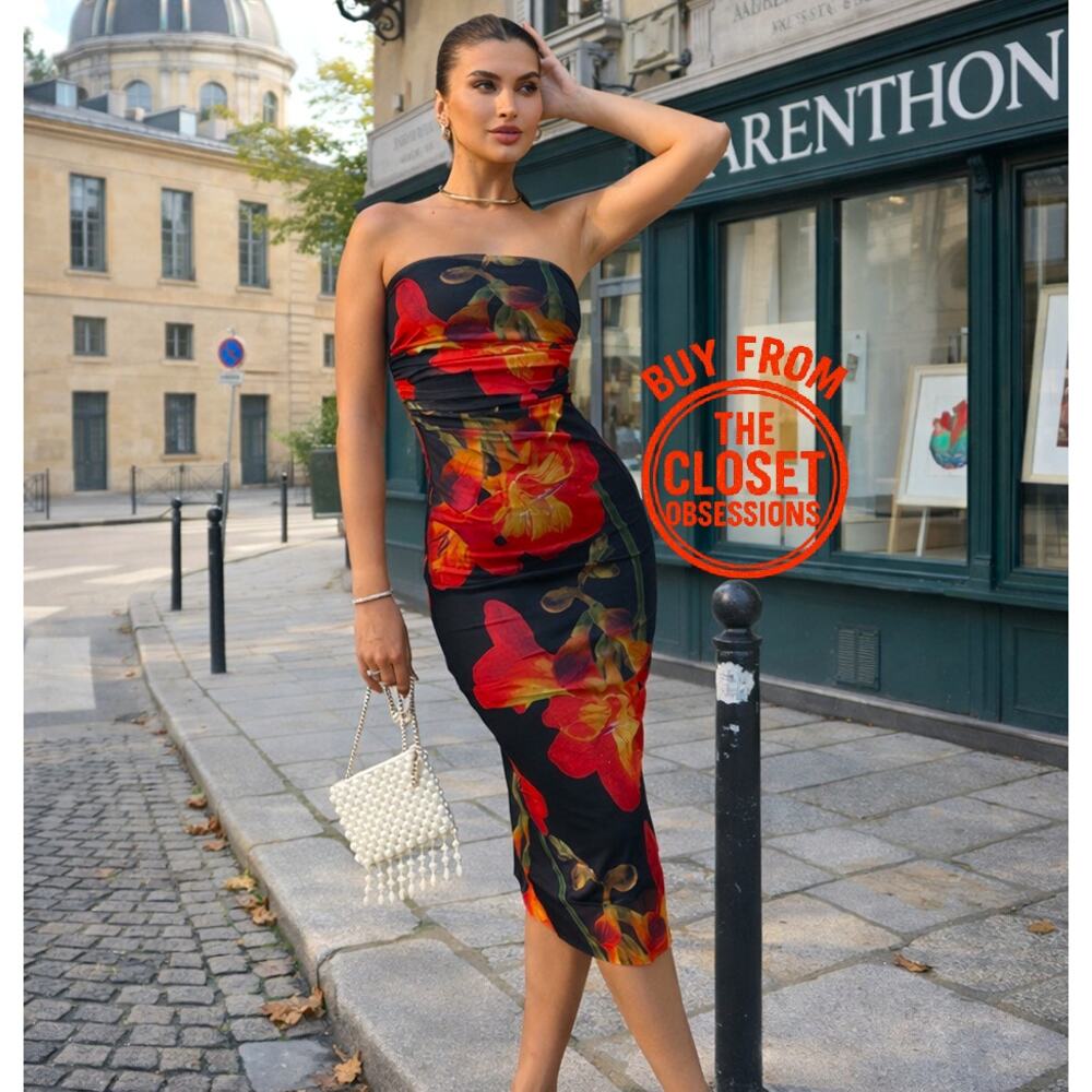 ZARA Red Floral Strapless Bodycon Midi Dress NWT